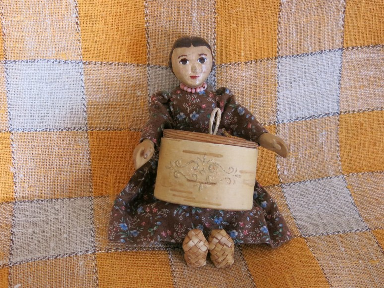 Linen Weaving, birch bark shoes and oval birch bark container